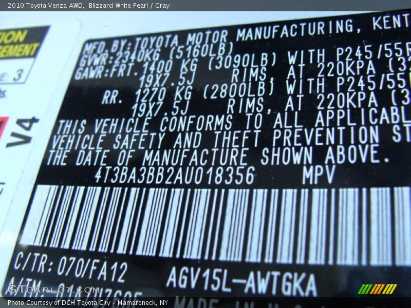 Blizzard White Pearl / Gray 2010 Toyota Venza AWD