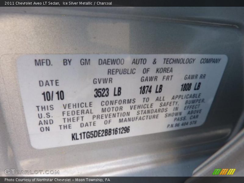Info Tag of 2011 Aveo LT Sedan