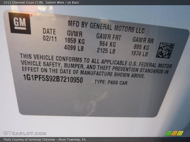 Summit White / Jet Black 2011 Chevrolet Cruze LT/RS