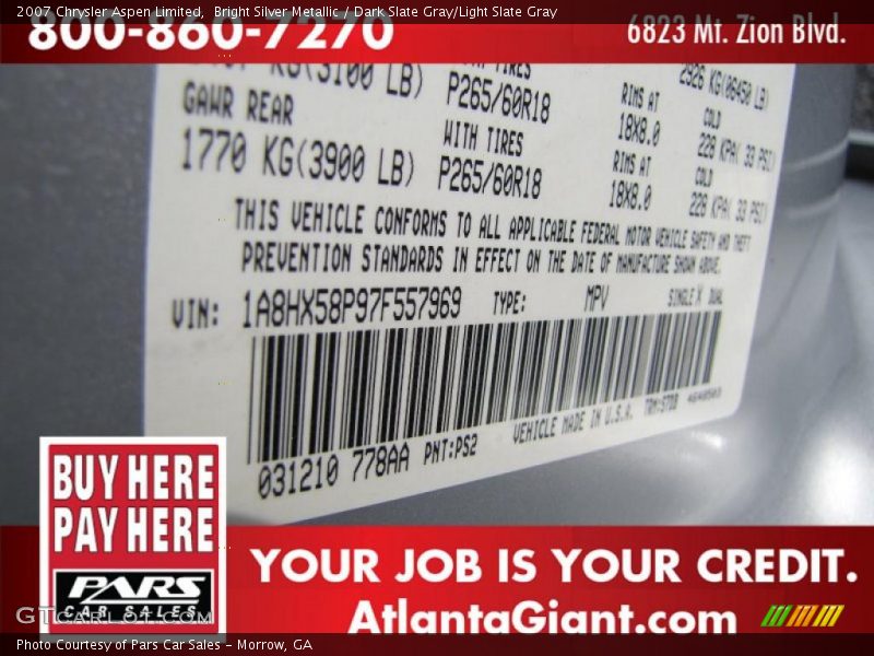 Bright Silver Metallic / Dark Slate Gray/Light Slate Gray 2007 Chrysler Aspen Limited