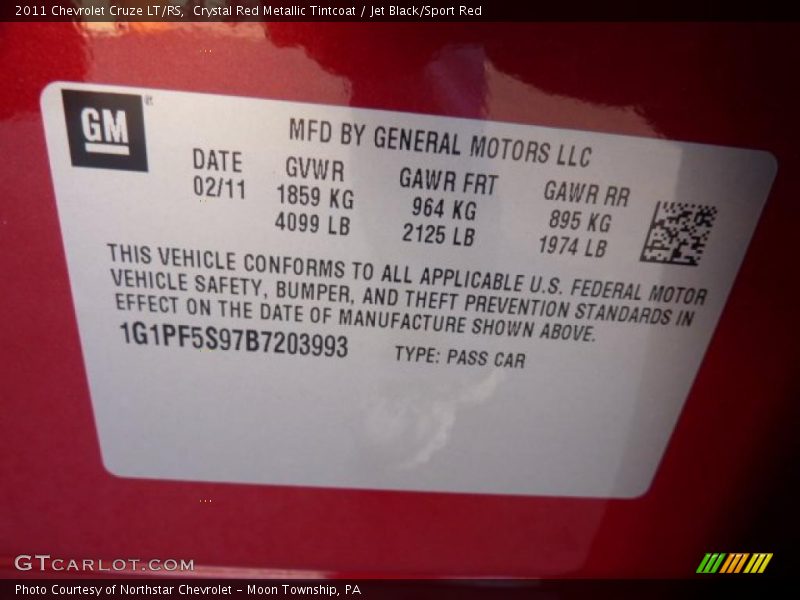 Info Tag of 2011 Cruze LT/RS
