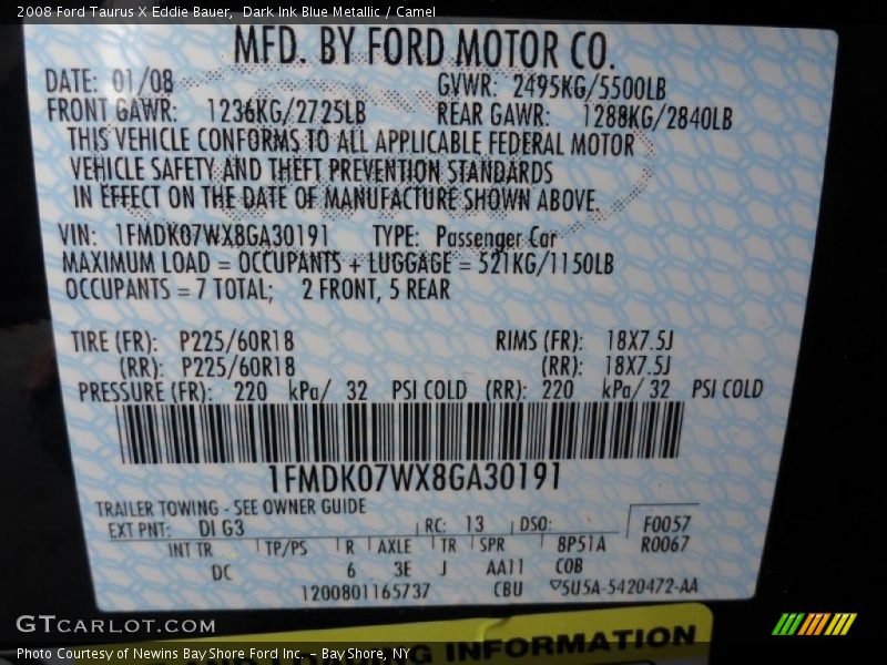 2008 Taurus X Eddie Bauer Dark Ink Blue Metallic Color Code DI