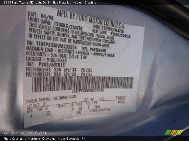 Light Denim Blue Metallic / Medium Graphite 1998 Ford Taurus SE
