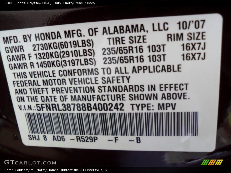 Dark Cherry Pearl / Ivory 2008 Honda Odyssey EX-L