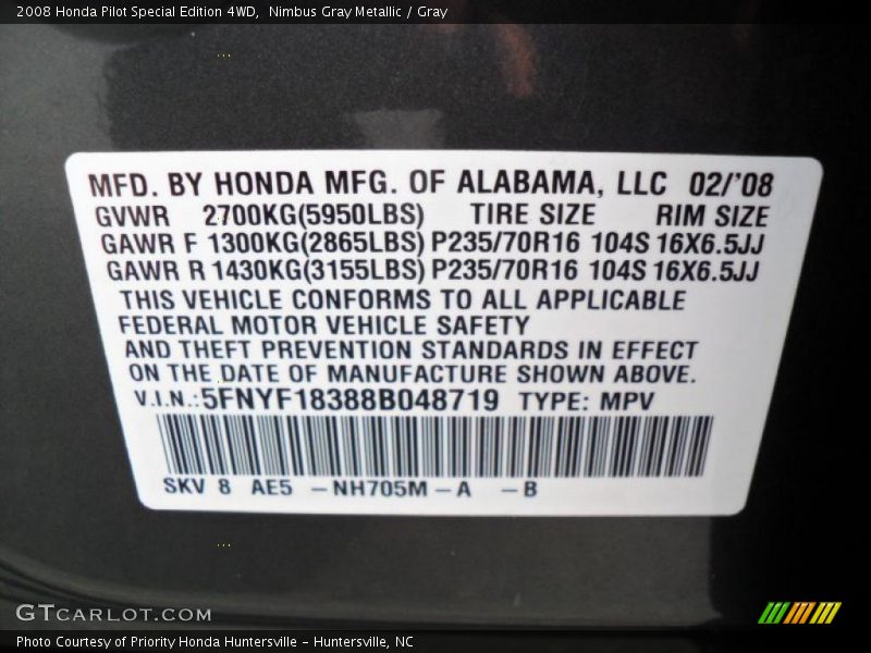 Nimbus Gray Metallic / Gray 2008 Honda Pilot Special Edition 4WD