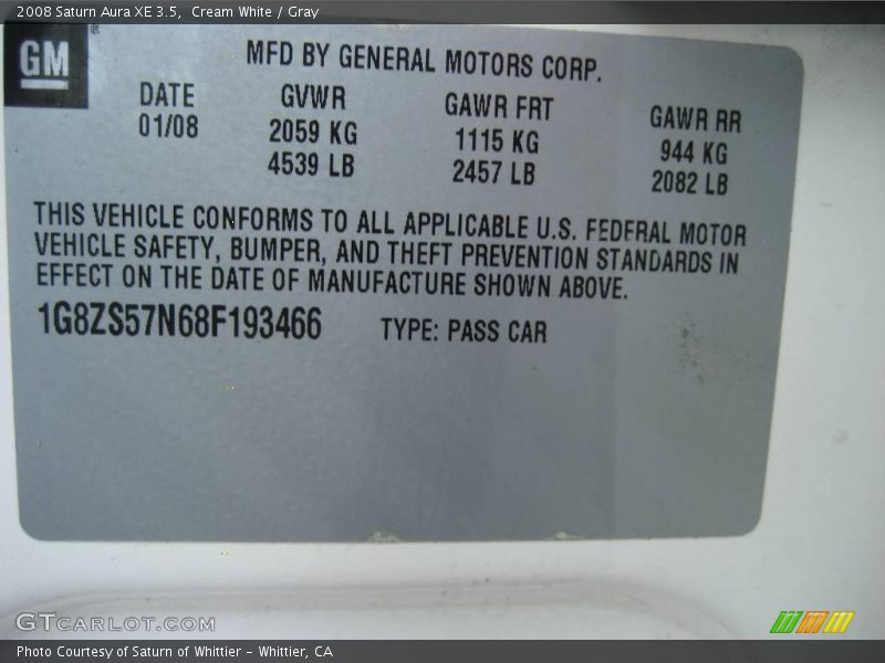 Cream White / Gray 2008 Saturn Aura XE 3.5