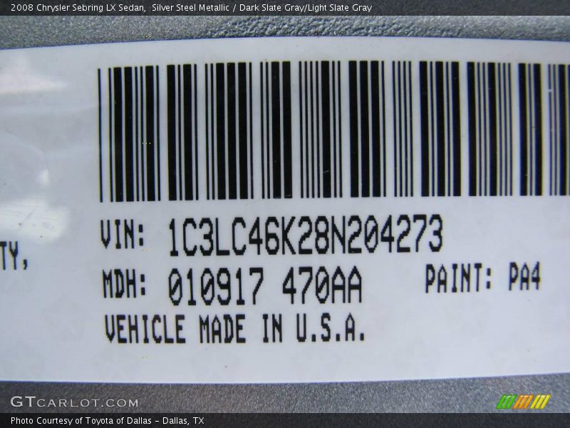 Silver Steel Metallic / Dark Slate Gray/Light Slate Gray 2008 Chrysler Sebring LX Sedan