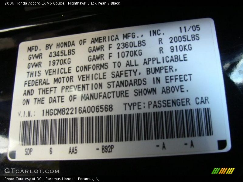 Nighthawk Black Pearl / Black 2006 Honda Accord LX V6 Coupe