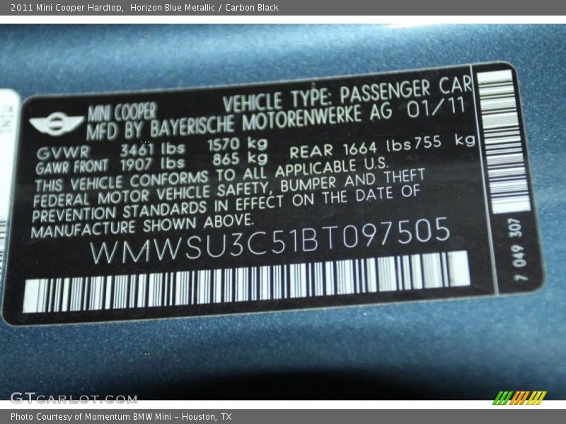 Horizon Blue Metallic / Carbon Black 2011 Mini Cooper Hardtop