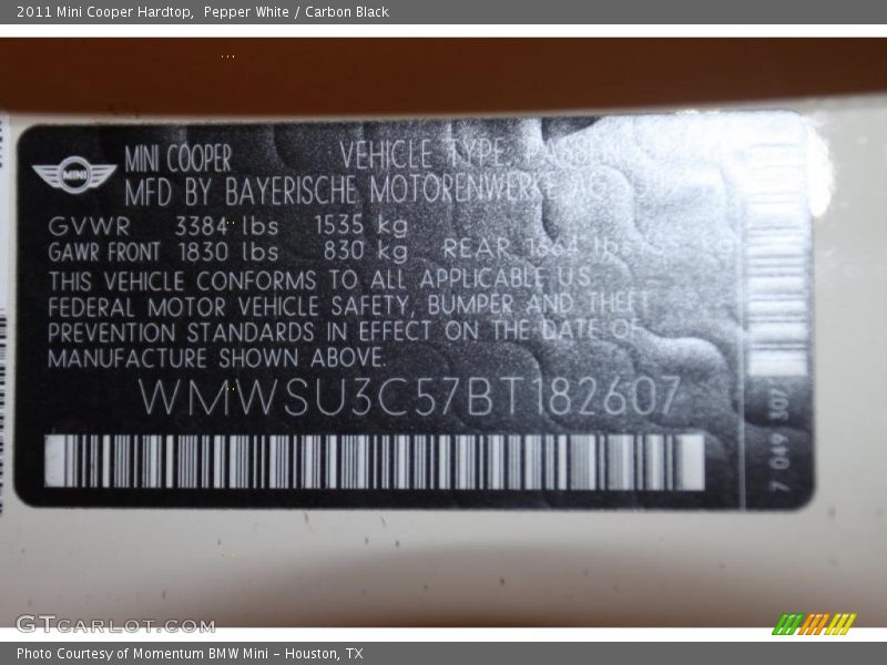 Pepper White / Carbon Black 2011 Mini Cooper Hardtop