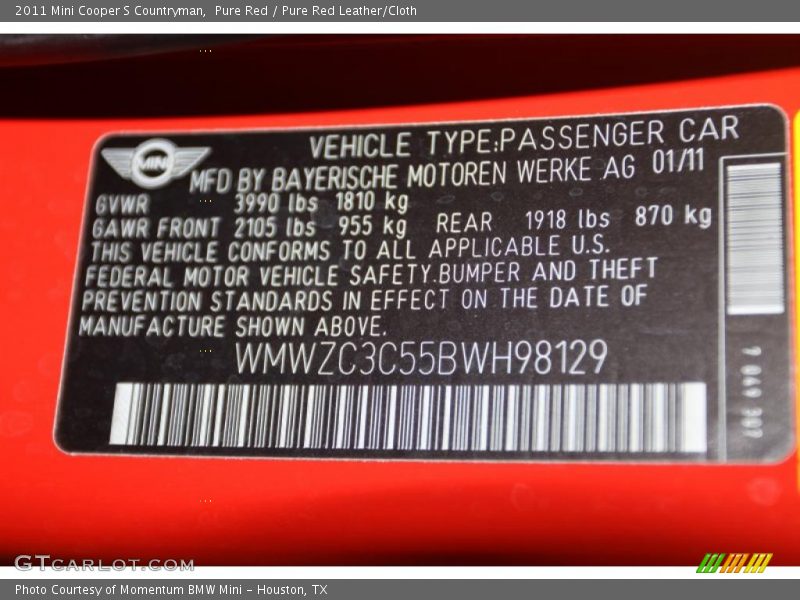 Pure Red / Pure Red Leather/Cloth 2011 Mini Cooper S Countryman