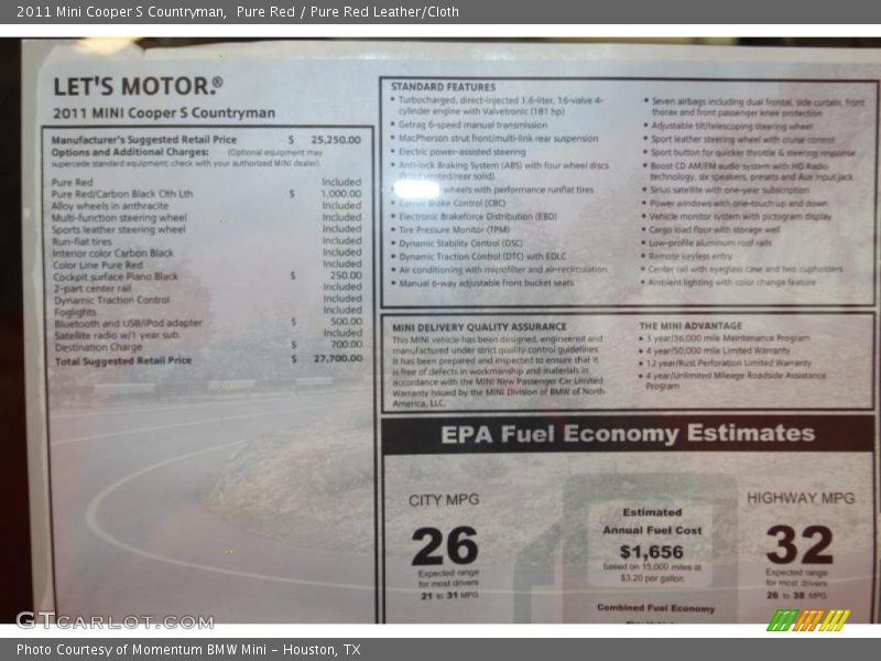  2011 Cooper S Countryman Window Sticker