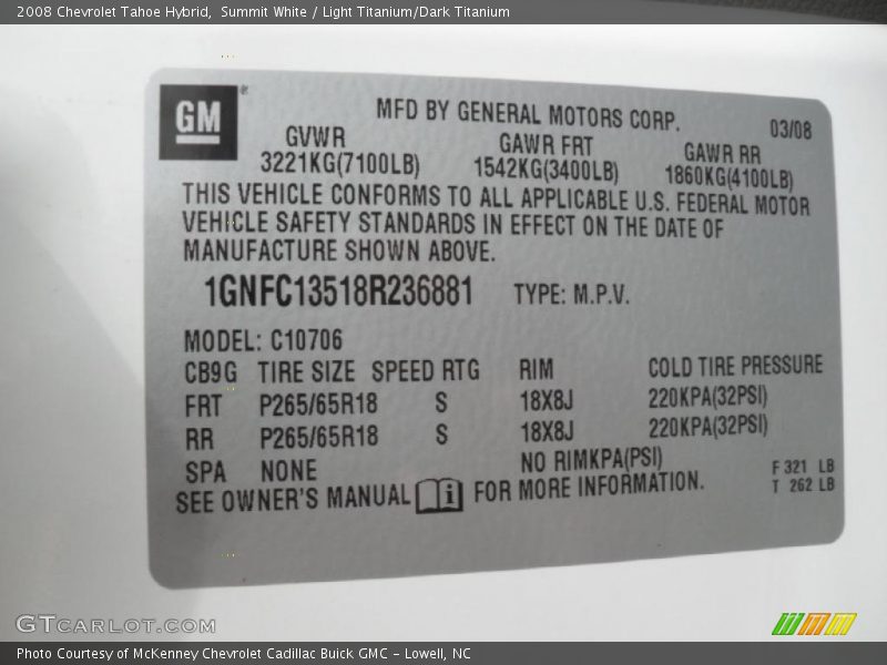 Info Tag of 2008 Tahoe Hybrid