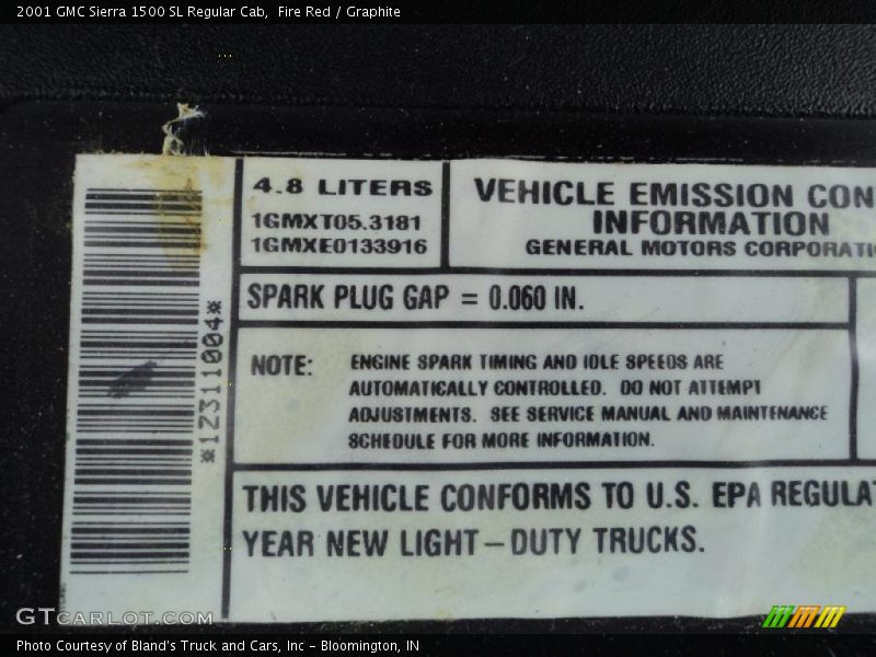 Info Tag of 2001 Sierra 1500 SL Regular Cab