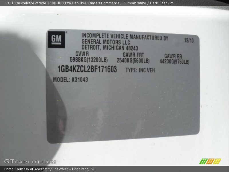 Info Tag of 2011 Silverado 3500HD Crew Cab 4x4 Chassis Commercial
