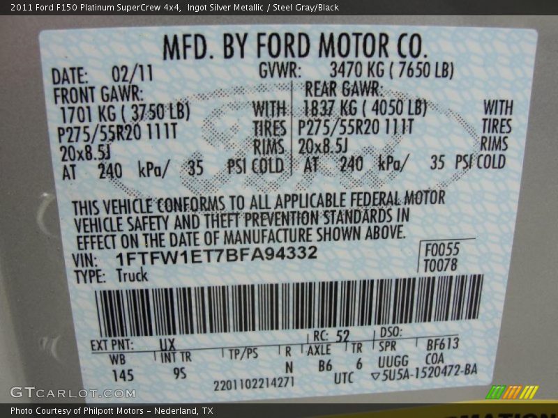 2011 F150 Platinum SuperCrew 4x4 Ingot Silver Metallic Color Code UX