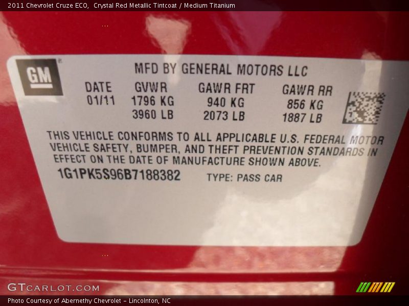 Info Tag of 2011 Cruze ECO