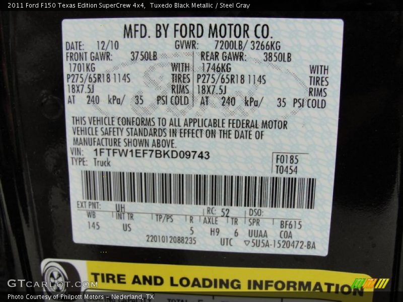 2011 F150 Texas Edition SuperCrew 4x4 Tuxedo Black Metallic Color Code UH