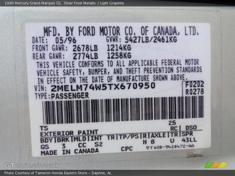 Silver Frost Metallic / Light Graphite 1996 Mercury Grand Marquis GS