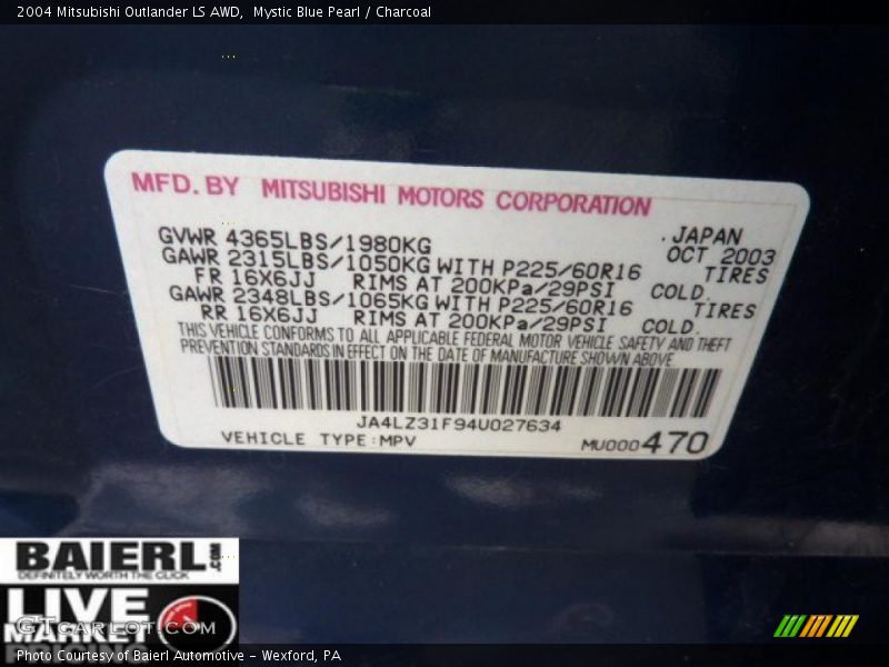 Mystic Blue Pearl / Charcoal 2004 Mitsubishi Outlander LS AWD