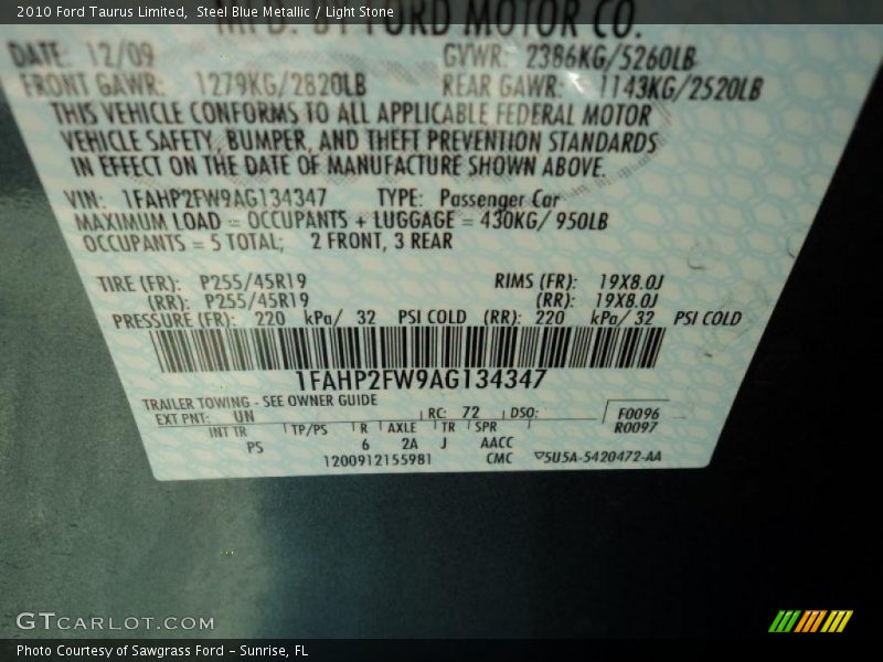 Steel Blue Metallic / Light Stone 2010 Ford Taurus Limited