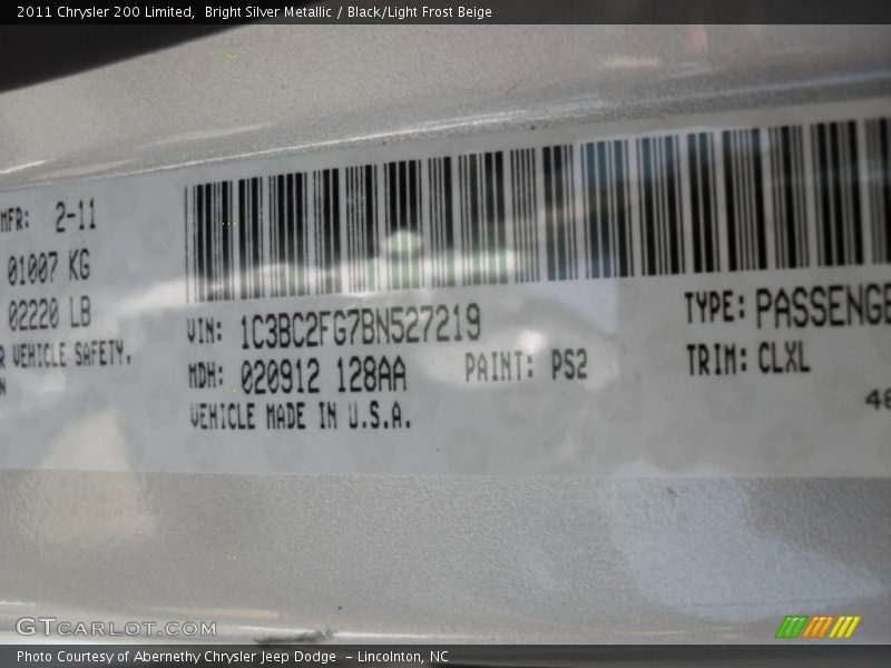 Bright Silver Metallic / Black/Light Frost Beige 2011 Chrysler 200 Limited