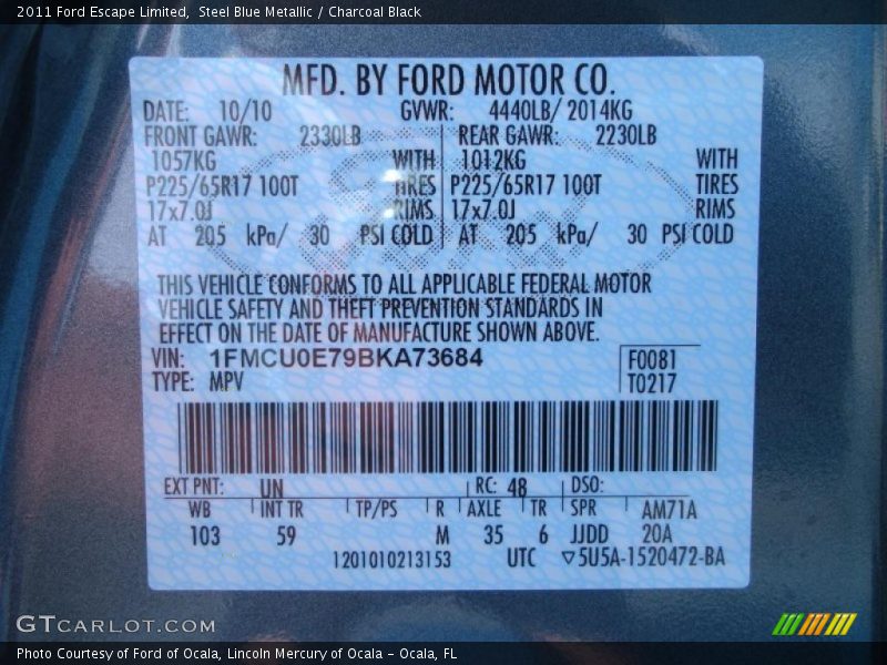2011 Escape Limited Steel Blue Metallic Color Code UN