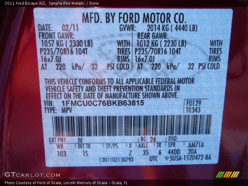 2011 Escape XLS Sangria Red Metallic Color Code JV