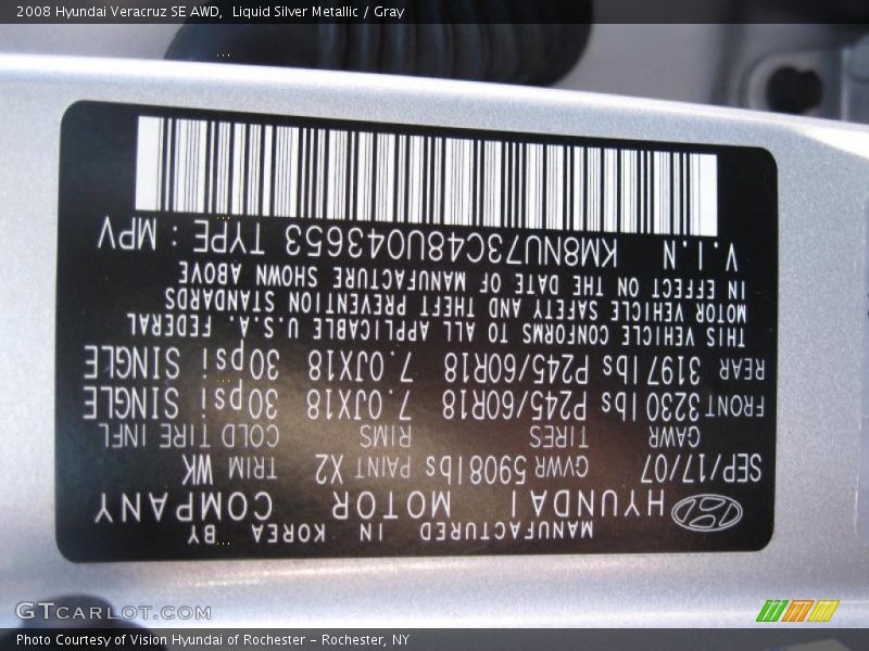 Liquid Silver Metallic / Gray 2008 Hyundai Veracruz SE AWD