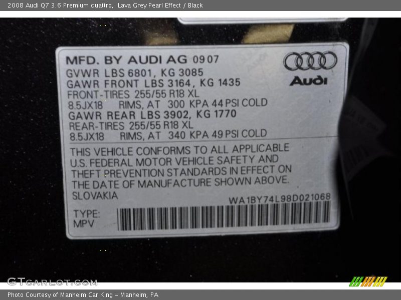 Lava Grey Pearl Effect / Black 2008 Audi Q7 3.6 Premium quattro