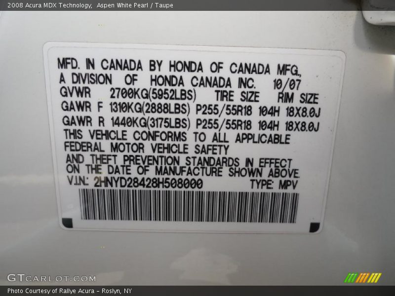 Aspen White Pearl / Taupe 2008 Acura MDX Technology