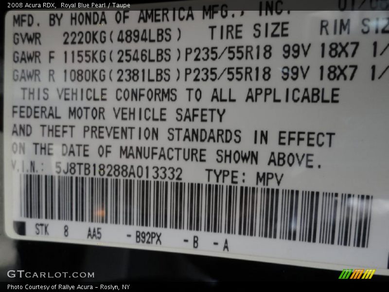 Royal Blue Pearl / Taupe 2008 Acura RDX