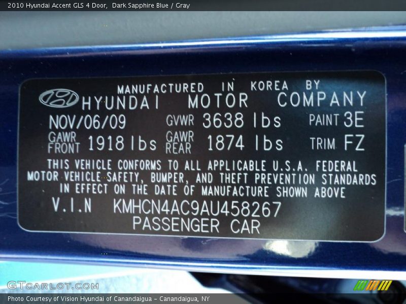 Dark Sapphire Blue / Gray 2010 Hyundai Accent GLS 4 Door