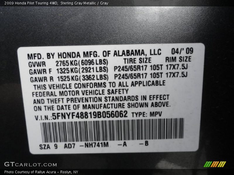 Sterling Gray Metallic / Gray 2009 Honda Pilot Touring 4WD