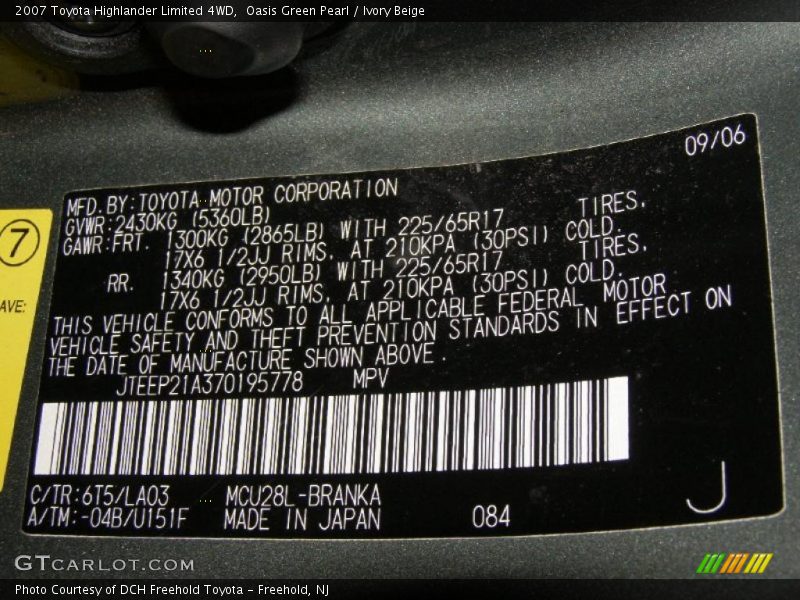 Oasis Green Pearl / Ivory Beige 2007 Toyota Highlander Limited 4WD
