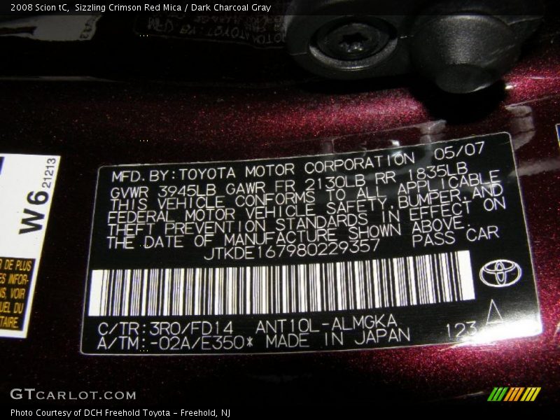 2008 tC  Sizzling Crimson Red Mica Color Code 3R0