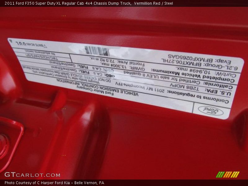 Info Tag of 2011 F350 Super Duty XL Regular Cab 4x4 Chassis Dump Truck