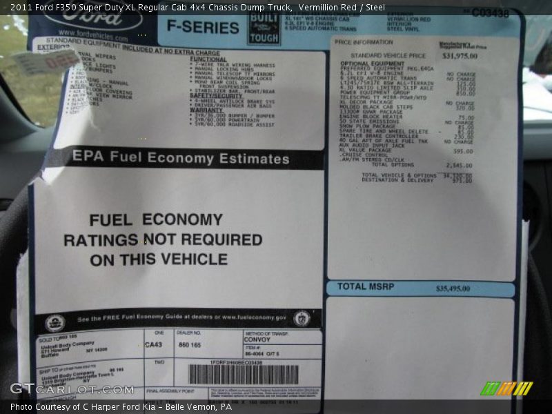  2011 F350 Super Duty XL Regular Cab 4x4 Chassis Dump Truck Window Sticker