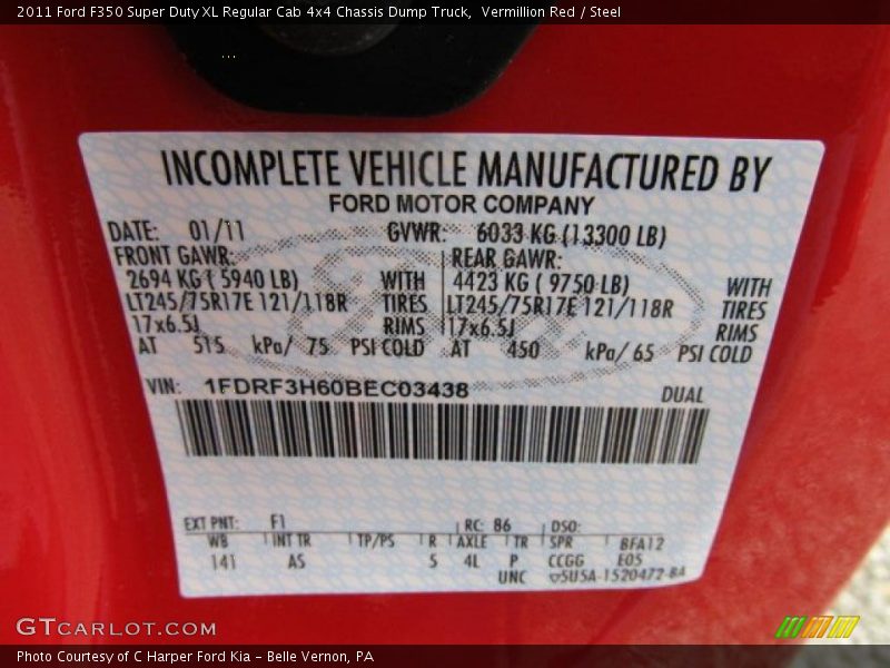 2011 F350 Super Duty XL Regular Cab 4x4 Chassis Dump Truck Vermillion Red Color Code F1