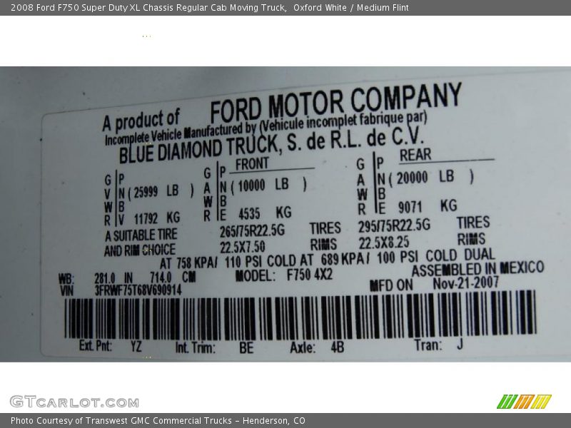 Oxford White / Medium Flint 2008 Ford F750 Super Duty XL Chassis Regular Cab Moving Truck