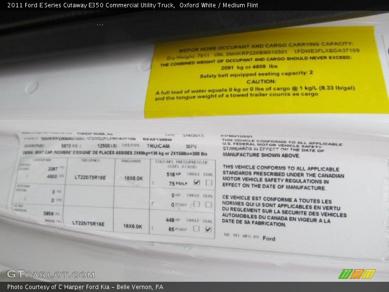 Info Tag of 2011 E Series Cutaway E350 Commercial Utility Truck