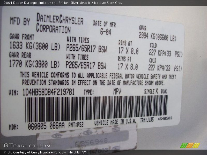 2004 Durango Limited 4x4 Brilliant Silver Metallic Color Code PS2