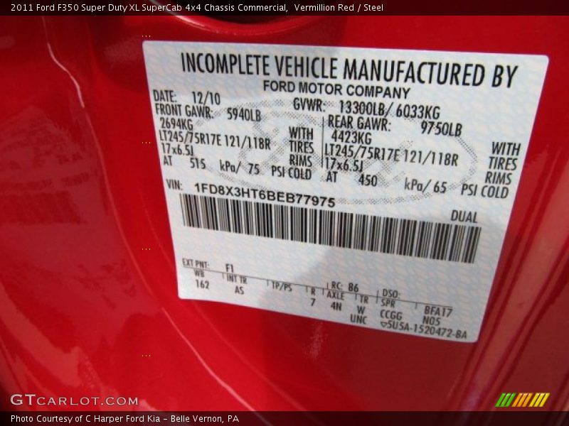 2011 F350 Super Duty XL SuperCab 4x4 Chassis Commercial Vermillion Red Color Code F1