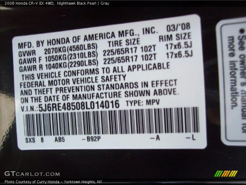 Nighthawk Black Pearl / Gray 2008 Honda CR-V EX 4WD