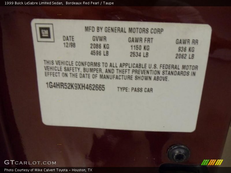 Info Tag of 1999 LeSabre Limited Sedan