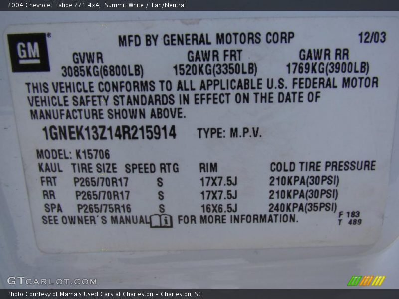 Summit White / Tan/Neutral 2004 Chevrolet Tahoe Z71 4x4