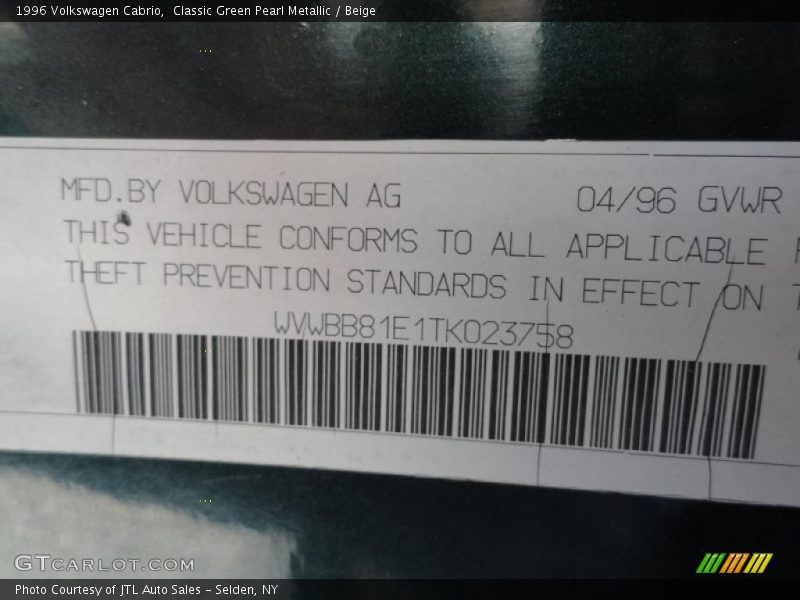 Classic Green Pearl Metallic / Beige 1996 Volkswagen Cabrio