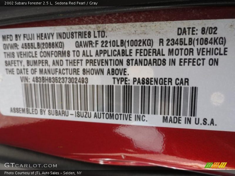 Info Tag of 2002 Forester 2.5 L