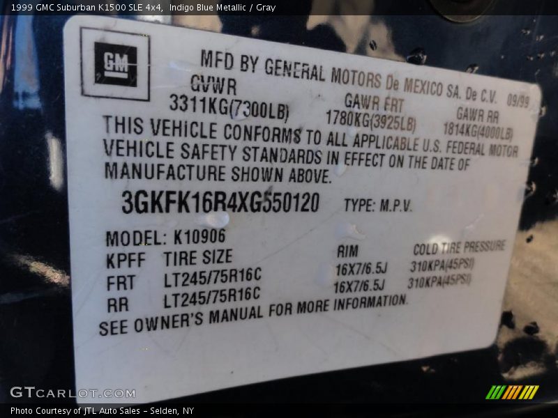 Info Tag of 1999 Suburban K1500 SLE 4x4