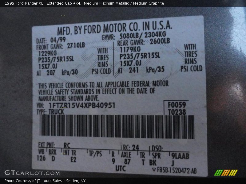 1999 Ranger XLT Extended Cab 4x4 Medium Platinum Metallic Color Code RC